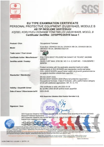 GRANOX O4 certificate — EN ISO 20347:2022 · Module B